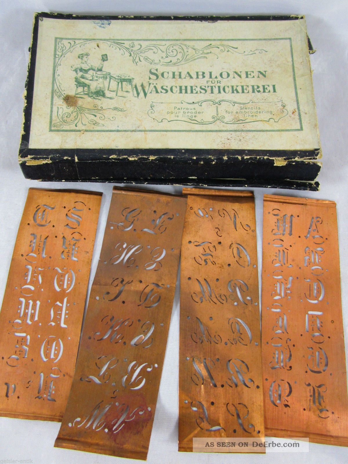 Kupfer - Schablonen Für Wäschestickerei Buchstaben Gravur In Ovp Um 1920/30 Schneider Bild