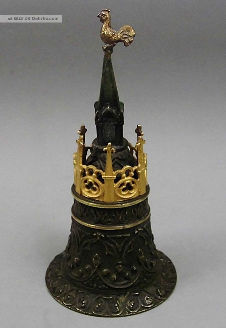 Um 1850/70:dekorative Bronze Tischklingel / Table Bell,  Turm,  Gotischer Stil Bronze Bild