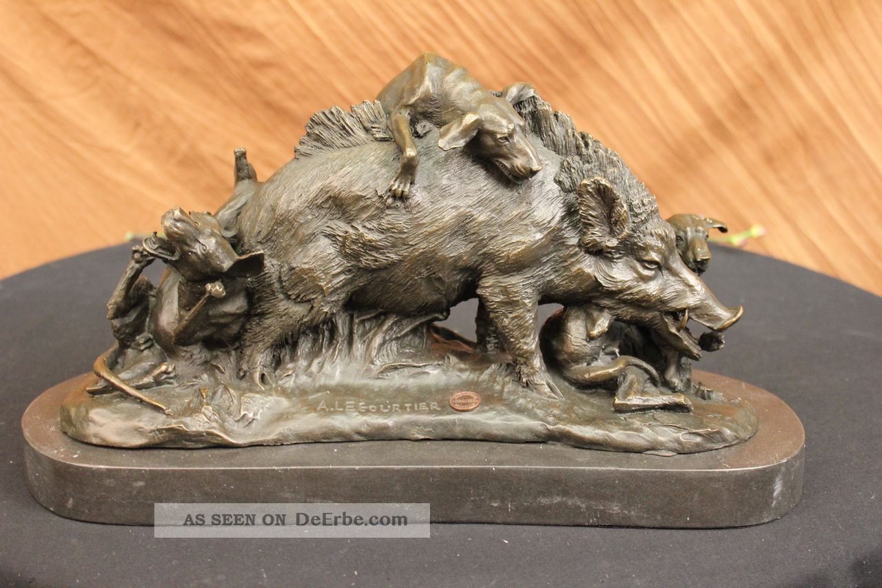 Unterzeichnet Bronze Marmor Wildschwein Hunde Zur Jagd Tier Sculpture Abbildung Antike Bild