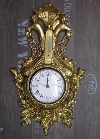 Wanduhr Schwan In Gold Mit Ther­mometer Antik Look 38x65cm Barock Quarzuhr 5 Bild