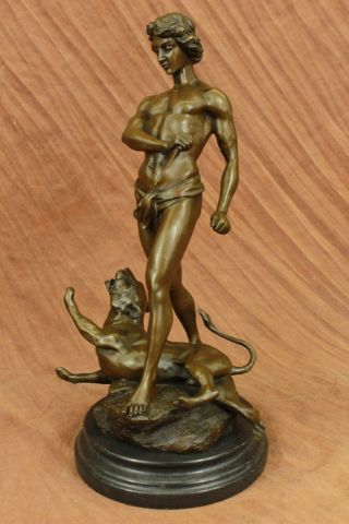 Bronze Skulptur Figur Museum Qualität Wachs Junger Tarzan Und Löwe Bild