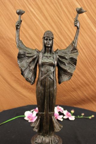 Skulptur - Frau & Fackel Alt Viktorianisch Antik Marmor Bronze Dekor Kunst Bild