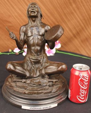 Signierte Schamanen Indianer Bronze Skulptur Heißguss Marmor Fuß Figur Kunst Bild