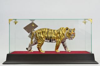 Skulptur Bronze Großer Indischer Tiger 24k Vergoldetes Silber Figur Museum Bild