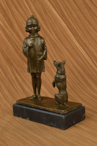 Bronzeskulptur Signiert Becquerel Junges Mädchen Mit Treuem Hund Marmorsockel Bild