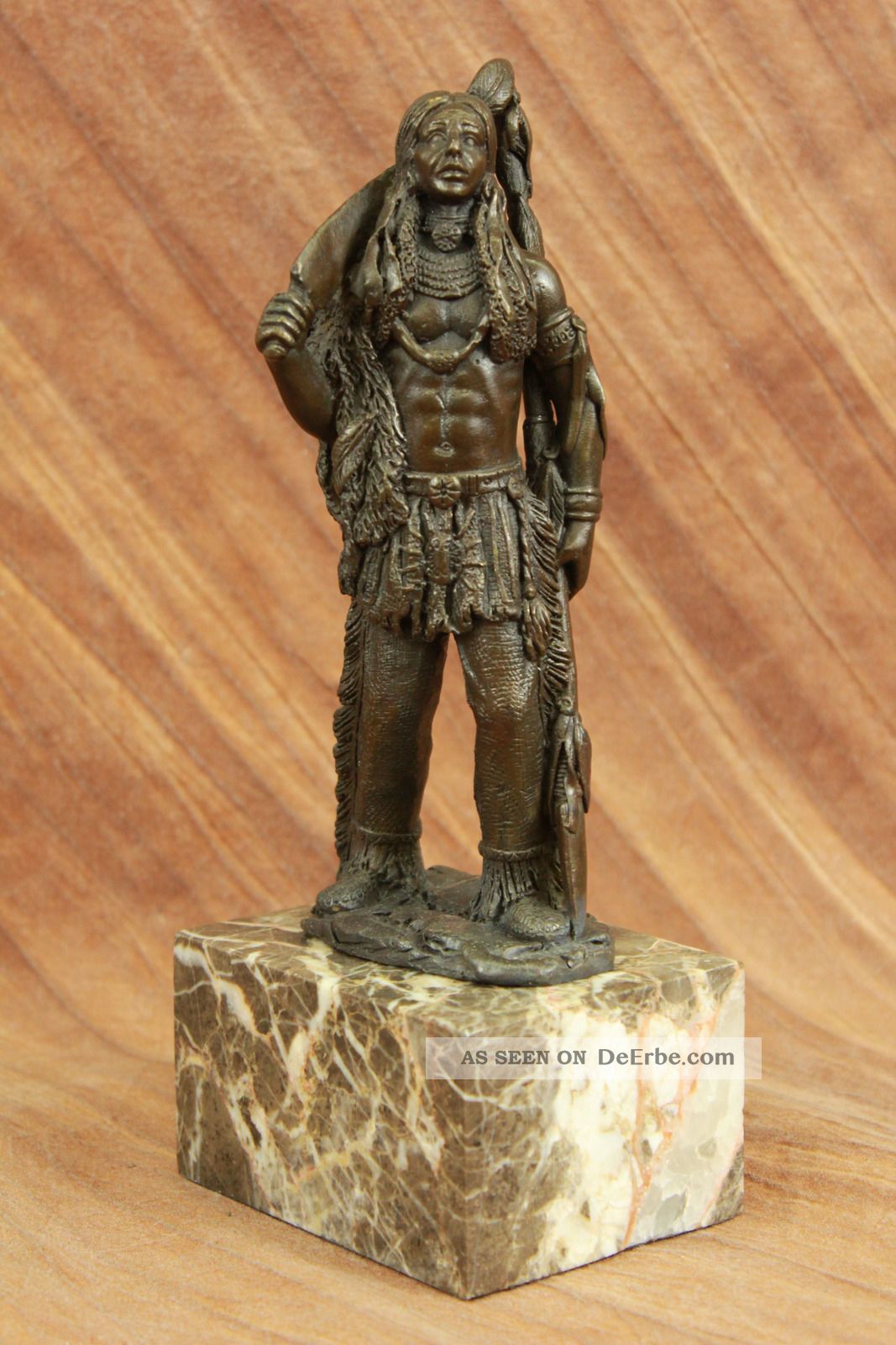 Heißen Guss Indianische Chef Bronze - Skulptur Auf Braunem Marmor Bas