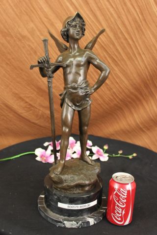 Signierte Debut Bronze Marmor Statue Religiös St Michael Drachentöter Skulptur Bild