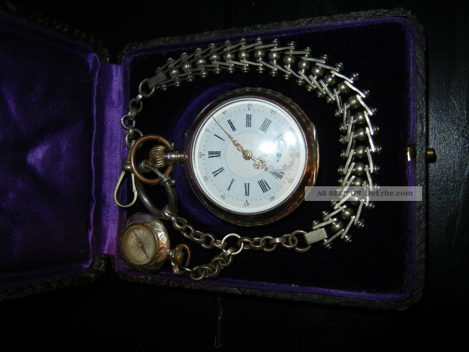 Taschenuhr - 800er Silber Remontoir Cylindre 6 Rubis Uhrkette Mit Kompass Läuft Taschenuhren Bild