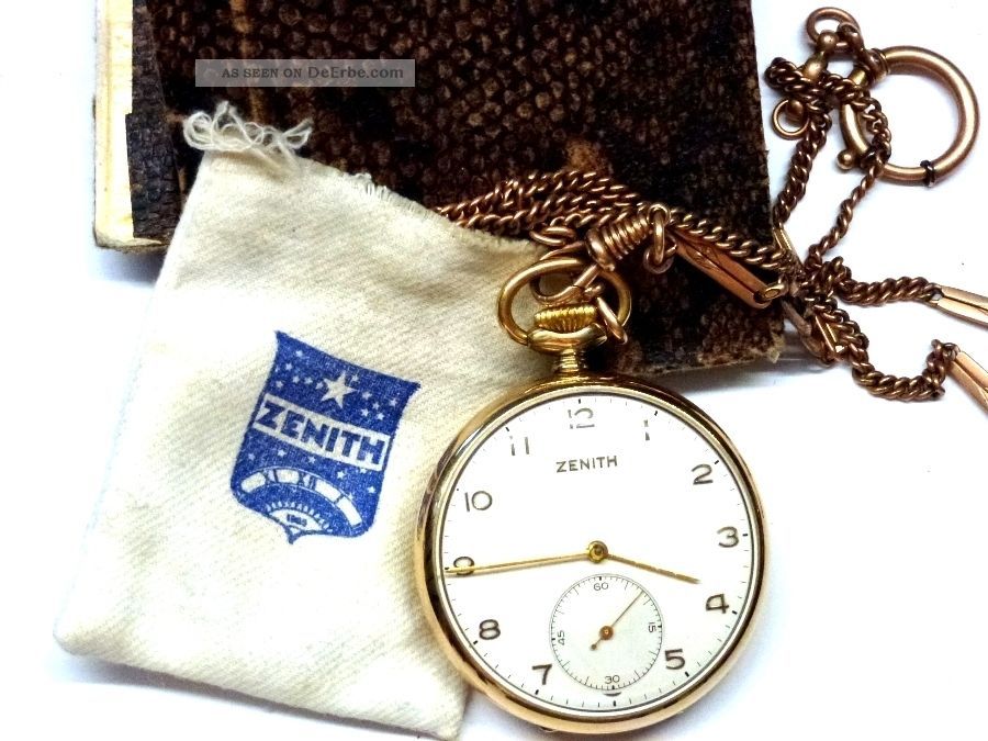Zenith: Goldfb.  Taschenuhr Mit Uhrenkette,  Box (etwas Beschädigt) 8ql3137 Taschenuhren Bild