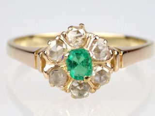 Jugendstil Damen 585 14k Gelbgold 0,  5 Ct Diamant Rose 0,  2 Ct Smaragd Ring,  Gr.  58 Bild