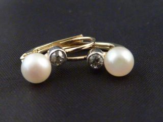Schöne,  Goldene Ohrringe - Mit Perlen,  Altschliff - Diamanten - 585er Gold / 14k Bild