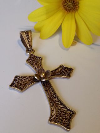 Großes Antikes Filigranes Biedermeier Kreuz Anhänger Silber Vergoldet Bild