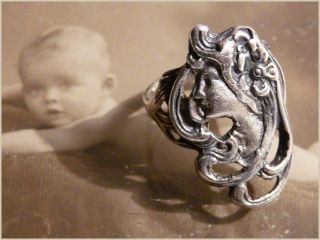 Romantischer Vintage Jugendstil Silber Ring Blumen Elfe Frauen Kopf Silberring Bild