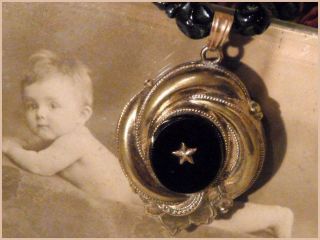 Antik Biedermeier Onyx Stern Collier Schwarze Perlen Kette Mit Gold Anhänger Bild