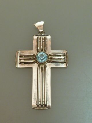 Großer Kreuz AnhÄnger Silber 900 Mit Blautopas Handarbeit Geometrischer Stil Bild