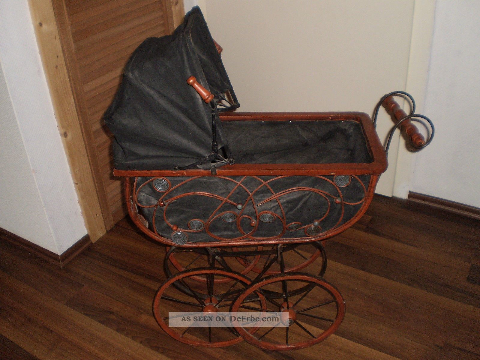 Antik Puppenwagen, Antiker Holz Puppenwagen M. Speichenräder Und