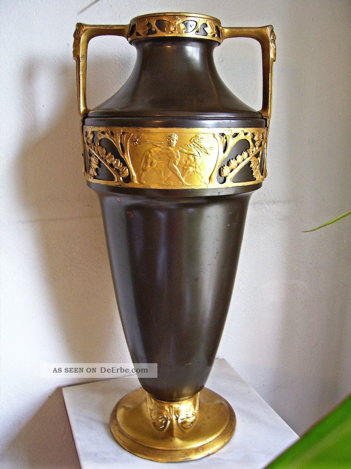 Riesige Jugendstil Amphore Vase Messing Patiniert Und Vergoldet Um 1905 Kayser 1890-1919, Jugendstil Bild