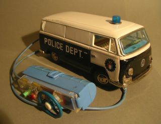 Bandai Japan Volkswagen Vw T1 Police Dept Vintage Remote Battery Tin Toy Car 60s Bild