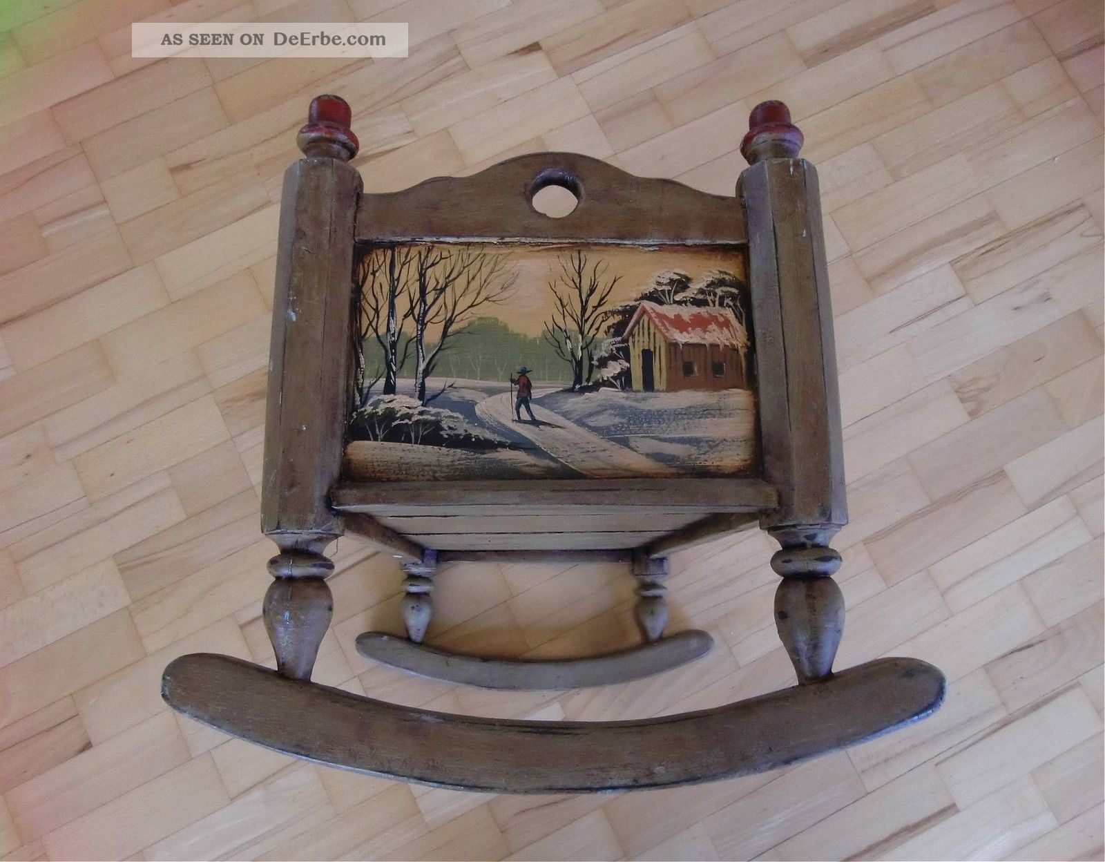 Schöne Alte Puppenwiege Holzwiege Handbemalt Wintermotiv Bauernblumen 53 Cm