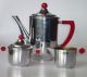 Art Deco Kaffee Tee Kern Rote Griffe Verchromt Kanne Milch Zucker Gemarkt 1920-1949, Art Déco Bild 1