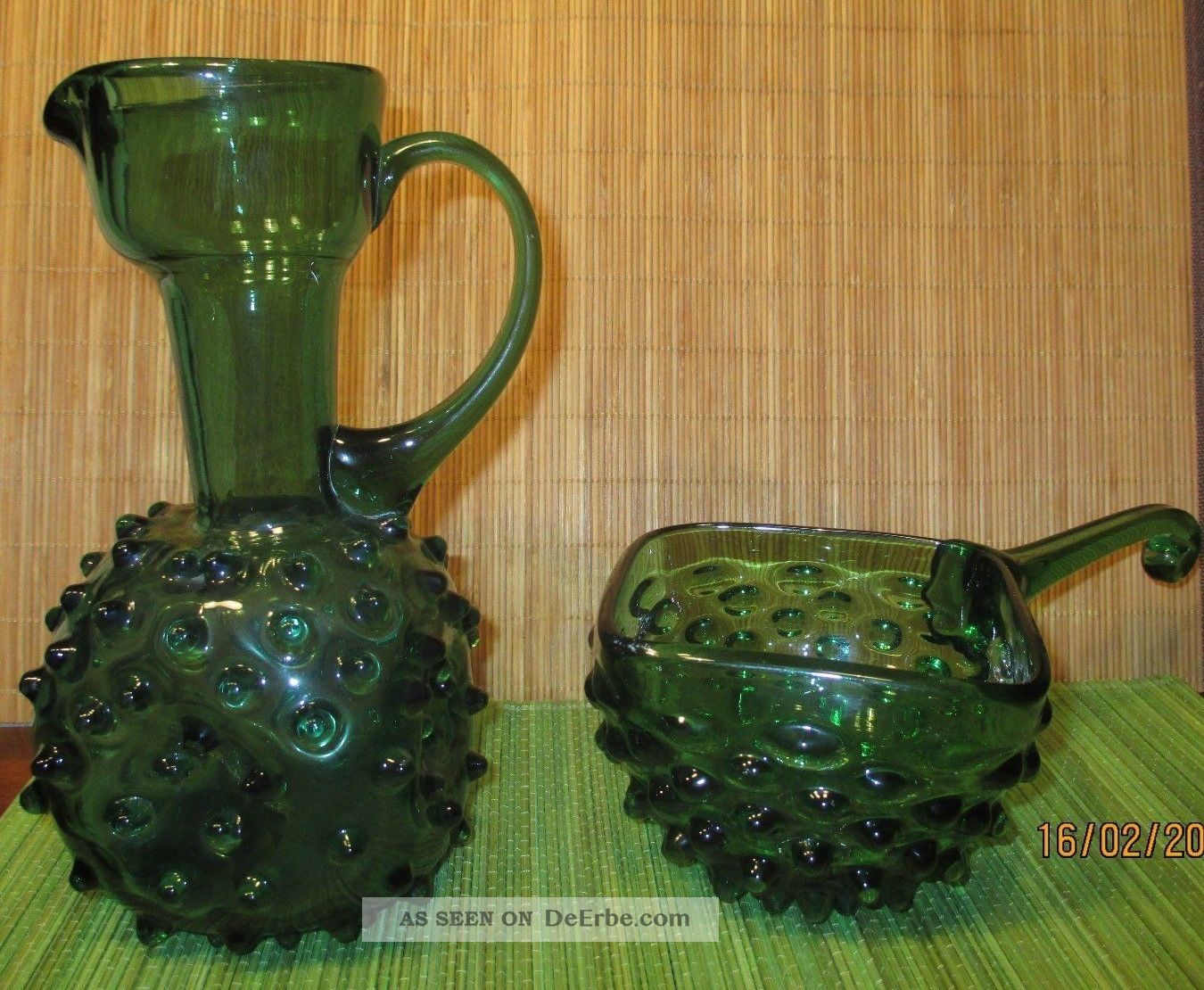 Italy Noppenglas Warzenglas Krug Vase Grünes Nuppen Glas Murano? - 2 Teile 1970-1979 Bild