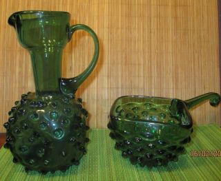 Italy Noppenglas Warzenglas Krug Vase Grünes Nuppen Glas Murano? - 2 Teile Bild
