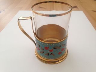 Alter Russischer Teeglashalter Mit Teeglas Emaille Kupfer Vergoldet Leningrad 3 Bild