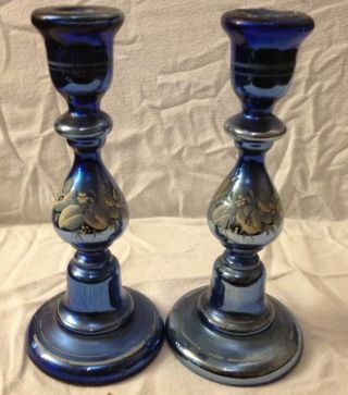 1 Paar Blaue Antike Leuchter Bauernsilber Biedermeier Schaumglas Ko - 1443 Bild