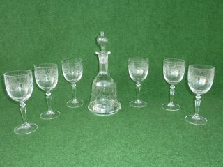 Ältere Glas Karaffe,  Weinkaraffe,  Mit 6 Gläsern Bild