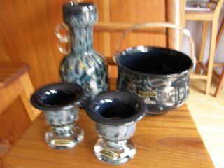 Pfauenauge Dekor 4 - Teilig Vase,  Schale,  Kerzenständer Eisch Glas 60/70s Bild