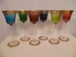 6 X Saint Louis Weinglas,  Thistle Or,  Verre De Vin,  6 Versch.  Farben,  Ätzmarke Bild