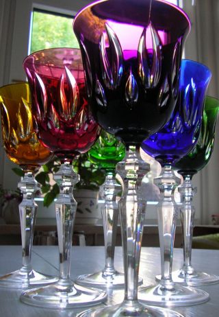 6 Wein Gläser Bleikristall Überfang Versch.  Farben Jugendstil Nachtmann - Rar Bild