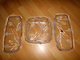 3 Grosse Schwere Kuchenplatten Waltherglas Mit Blumengravur Nachlass Bild