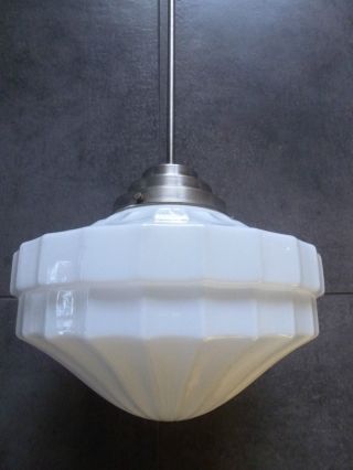 Nobel Bauhaus 1930 Deckenlampe Art Deco Lampe Lamp Weiß Glas Chrom Stange Bild