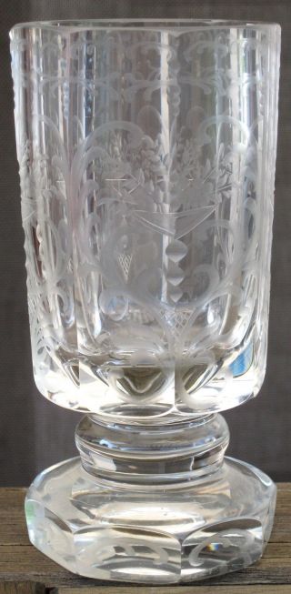 Alter Großer Schwerer Glasbecher Glaspokal Um 1870 Mit Aufwendigem Vollschliff Bild