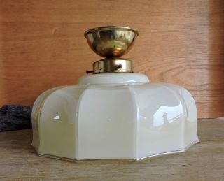 Alt Art Deco Lampe Deckenlampe Glas Beige Klarglas Rand Fassung Messing Bild