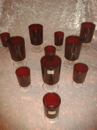 Luminarc Gläser,  6 Schnaps & 5 Cocktail Sherrygläser,  Rubinrot,  70er Jahre Bild