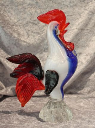 Murano Glas - Hahn - Weiß / Blau / Rot - Höhe 25 Cm - 985 Gramm Bild