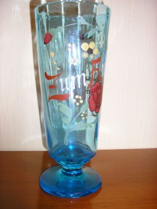 Altes Glas - Vase Mit Schrift Hoch 20 Cm.  Obere Breite 8 Cm.  Durchm. Bild