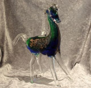 Murano Glas - Pferd Hengst Stehend - Blau Grün - Goldeinlage Bild
