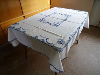 Omas Bestickt Tischdecke Blau Leinen Halbleinen Baumwolle Geschenk Handarbeit Bild