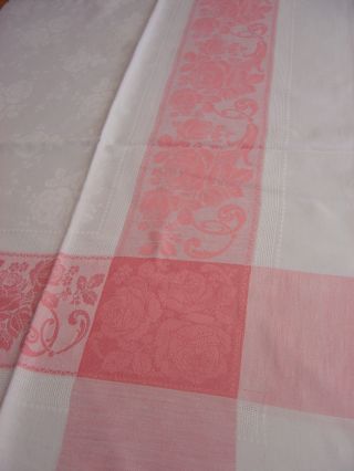 Alte Damast - Tischdecke,  Weiß,  Einwebmuster In Weiß Und Rosa,  113 Cm X 144 Cm Bild