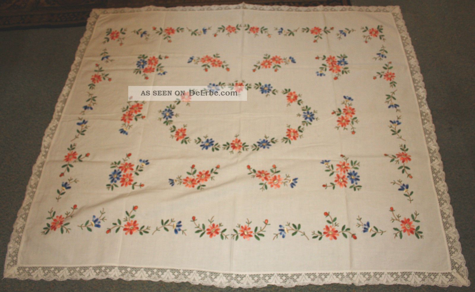 Tischdecke,  Stickerrei,  Spitze,  Handarbeit,  Ca.  150 X 130 Cm,  Alt,  Blumen Tischdecken Bild
