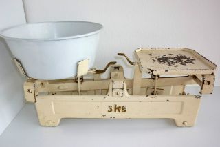Alte Antike Küchenwaage Wem Mit Email - Schüssel,  5 Kg Gußeisen Haushaltswaage Bild