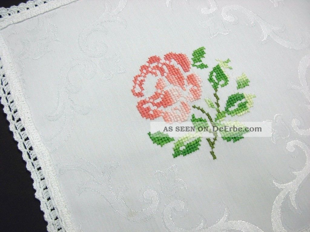 Tischdecke Rosen Stickerei Handarbeit 28x54cm Damast Läufer Häkelspitze Tischdecken Bild