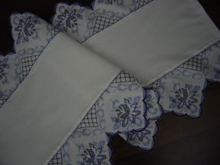 Leinen Tischläufer Tischdecke 120x45cm Blaue Rosen - Stickerei Unbenutzt Bild
