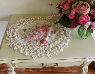 WunderschÖnes Deckchen Mit Rosen Und Perlen Shabby Chic Vintage Landhaus Oval Bild