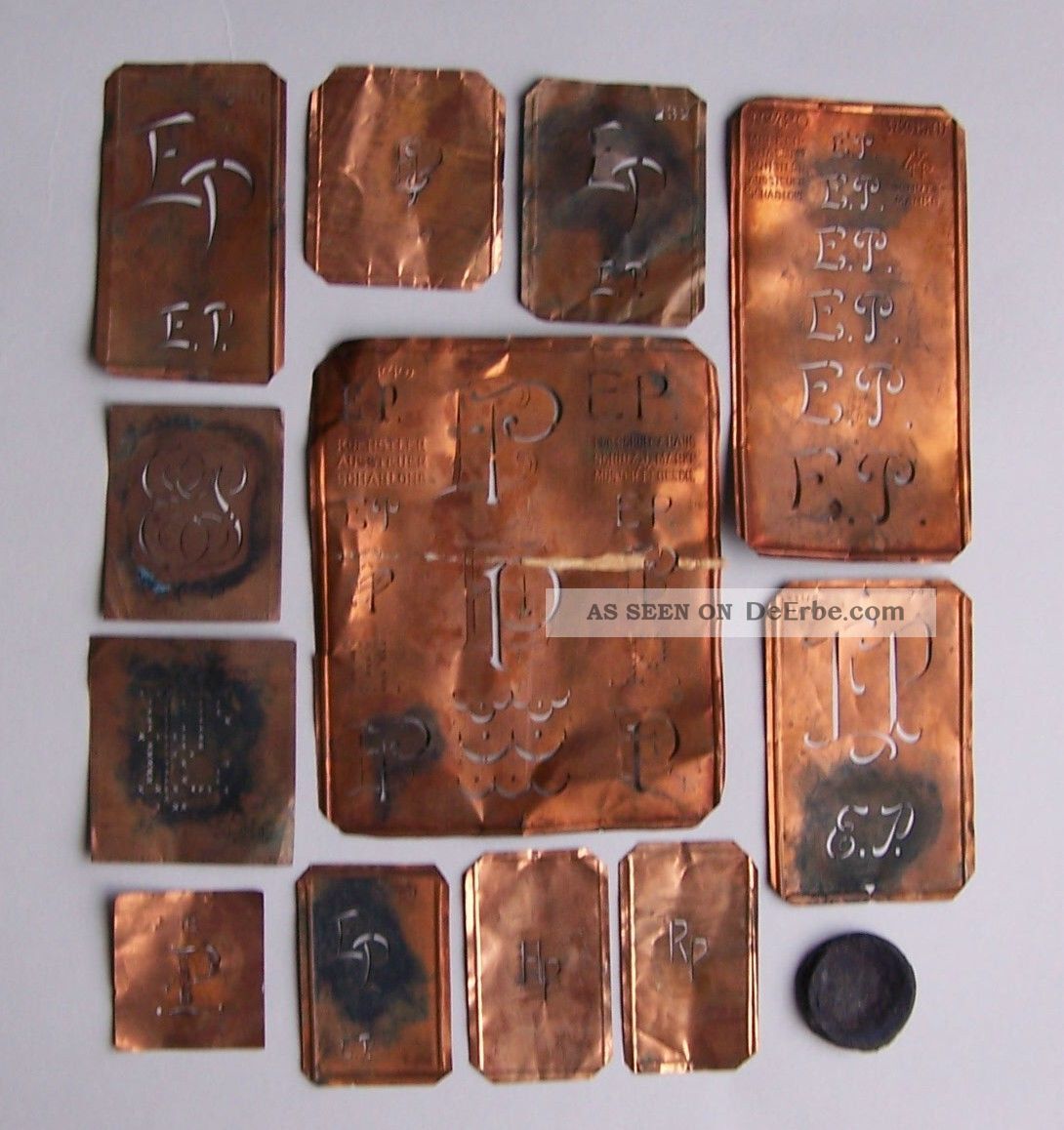 Alte Monogramm - Schablonen Aus Kupfer - Initialen Ep,  Hp Und Rp - 1 - 5cm Hoch Textilien & Weißwäsche Bild