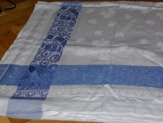Decke Tischdecke Blaue Bordüre Baumwolle Hohlsaum 80 Jahre Alt 140/120 Cm /p5118 Bild