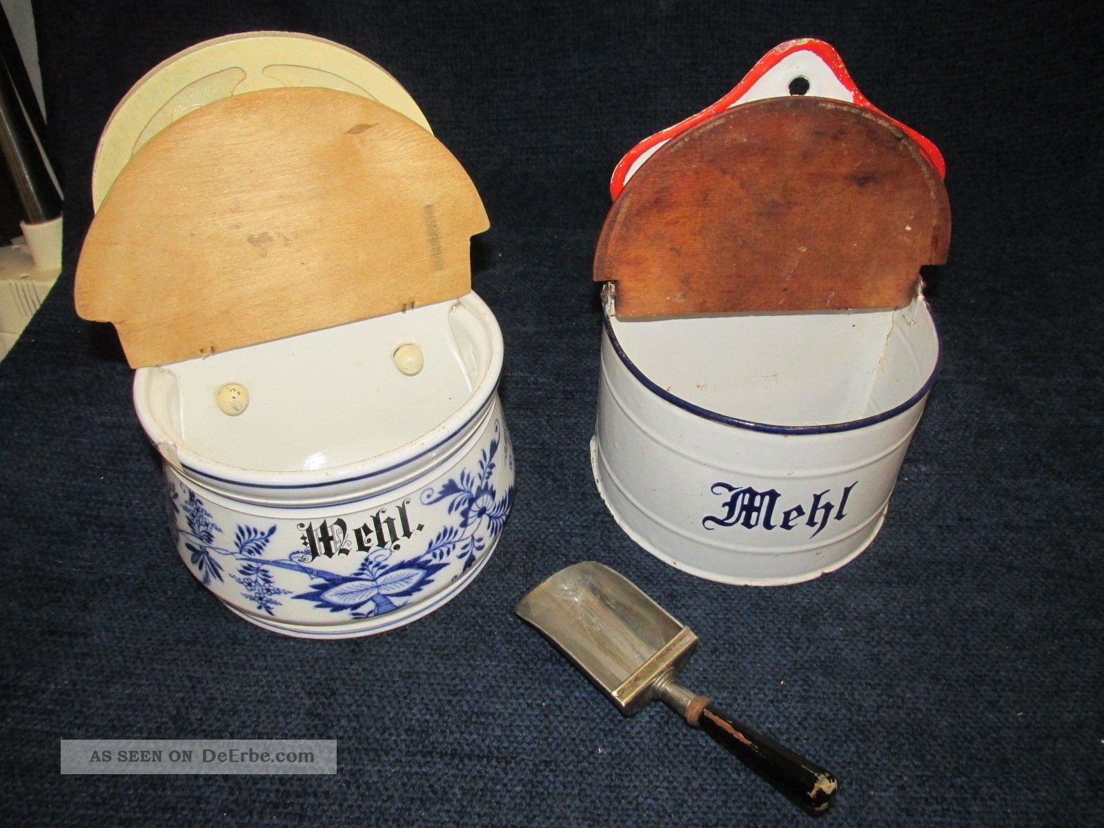 2 Antike Mehl Vorratsbehälter Emaille Porzellan Holz